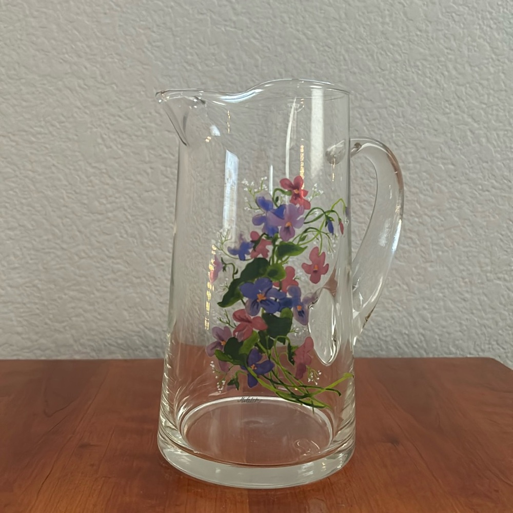 Artist Signed J Walsh Wild Violets Glass Juice Water Tea Pitcher Made In France